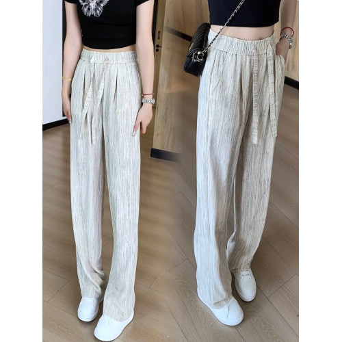 天絲棉麻濶腿褲女夏季薄款高腰垂感亞麻白色冰絲直筒慵懶拖地褲子