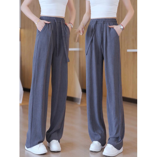 天絲棉麻濶腿褲女夏季薄款高腰垂感亞麻白色冰絲直筒慵懶拖地褲子