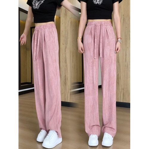 天絲棉麻濶腿褲女夏季薄款高腰垂感亞麻白色冰絲直筒慵懶拖地褲子