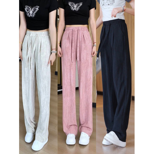 天絲棉麻濶腿褲女夏季薄款高腰垂感亞麻白色冰絲直筒慵懶拖地褲子