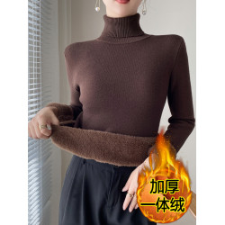 秋冬高領加絨毛衣女加厚一體絨內搭修身保暖打底衫套頭針織衫上衣