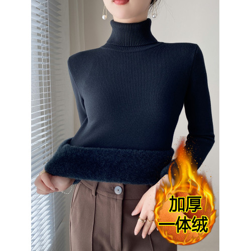 秋冬高領加絨毛衣女加厚一體絨內搭修身保暖打底衫套頭針織衫上衣