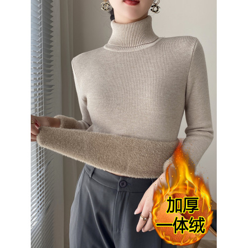 秋冬高領加絨毛衣女加厚一體絨內搭修身保暖打底衫套頭針織衫上衣