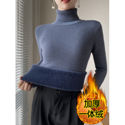 秋冬高領加絨毛衣女加厚一體絨內搭修身保暖打底衫套頭針織衫上衣