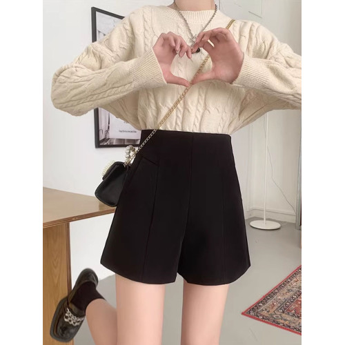 大碼秋冬新款西裝短褲胖M韓版百搭氣質毛呢濶腿褲高腰a字休閒褲子