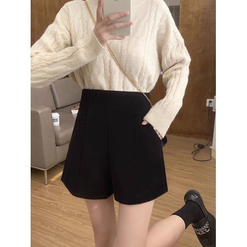 大碼秋冬新款西裝短褲胖M韓版百搭氣質毛呢濶腿褲高腰a字休閒褲子