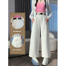 小個子顯高水洗棉工裝褲子女春秋2025新款高腰九分直筒窄版濶腿褲