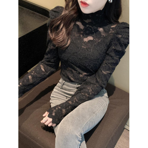 洋氣高領蕾絲打底衫女春秋冬新款加絨加厚修身內搭泡泡袖氣質上衣