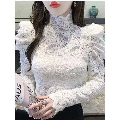 洋氣高領蕾絲打底衫女春秋冬新款加絨加厚修身內搭泡泡袖氣質上衣