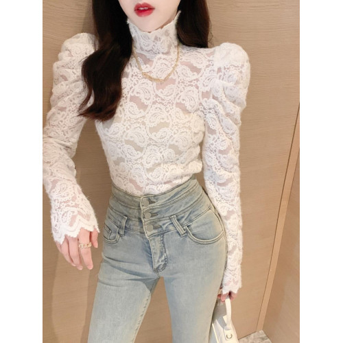 洋氣高領蕾絲打底衫女春秋冬新款加絨加厚修身內搭泡泡袖氣質上衣