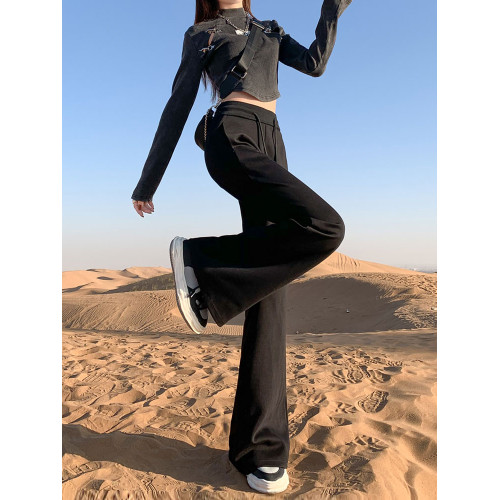 LuLu同款黑色微喇衛褲女2025秋冬新款加絨小個子寬松休閒喇叭褲子 LuLu同款黑色微喇衛褲女2025秋冬新款加絨小個子寬松休閒喇叭褲子