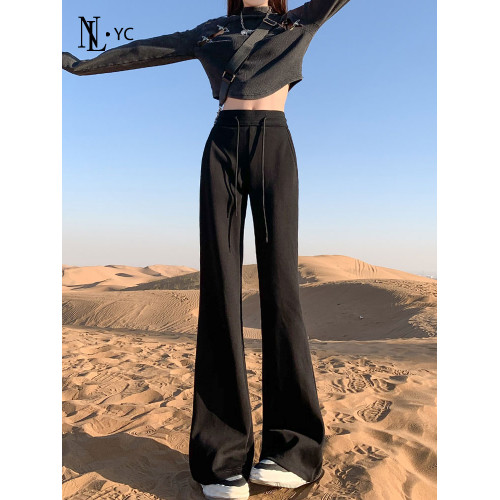 LuLu同款黑色微喇衛褲女2025秋冬新款加絨小個子寬松休閒喇叭褲子 LuLu同款黑色微喇衛褲女2025秋冬新款加絨小個子寬松休閒喇叭褲子