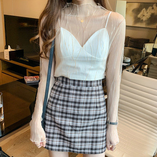 加絨蕾絲打底衫女網紗2024新款長袖高領毛衣內搭紗衣秋季洋氣上衣