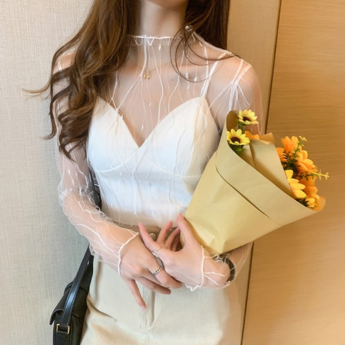 加絨蕾絲打底衫女網紗2024新款長袖高領毛衣內搭紗衣秋季洋氣上衣