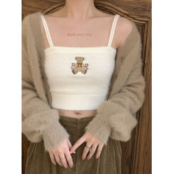 2025新款毛絨絨小熊刺綉少女感背心女夏外穿內搭辣妹針織吊帶上衣
