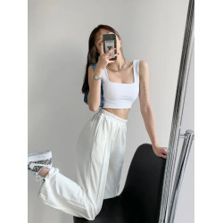 歐美ins街頭方領露鎖骨吊帶外穿小背心女純色寬肩帶打底運動上衣