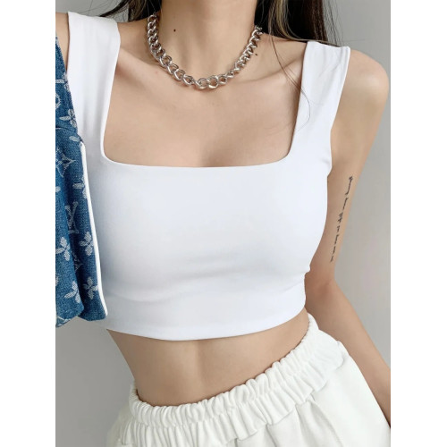 歐美ins街頭方領露鎖骨吊帶外穿小背心女純色寬肩帶打底運動上衣