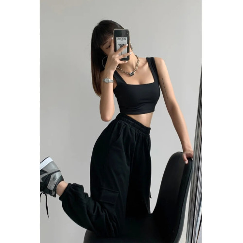 歐美ins街頭方領露鎖骨吊帶外穿小背心女純色寬肩帶打底運動上衣