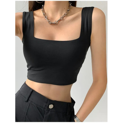 歐美ins街頭方領露鎖骨吊帶外穿小背心女純色寬肩帶打底運動上衣