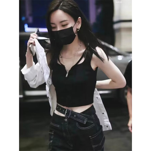 於文文同款黑色小吊帶背心女夏季外穿西裝內搭打底衫辣妹短款上衣