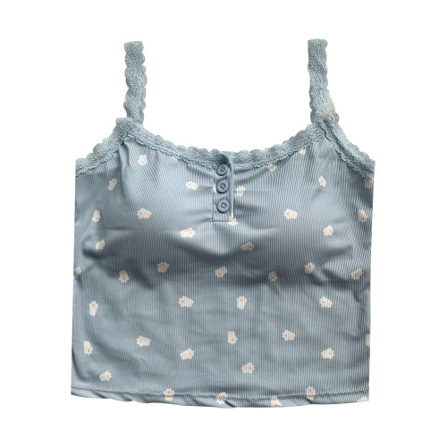 2024辣舞家甜辣蕾絲碎花吊帶背心女夏季新款外穿顯瘦紐釦小上衣