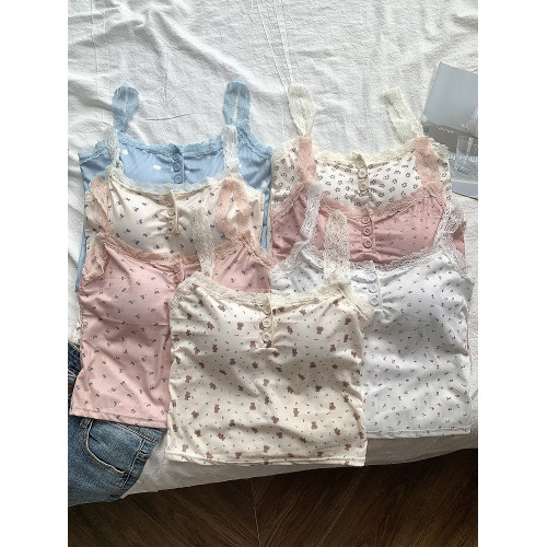 2024辣舞家甜辣蕾絲碎花吊帶背心女夏季新款外穿顯瘦紐釦小上衣