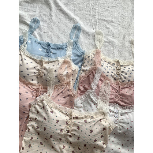 2024辣舞家甜辣蕾絲碎花吊帶背心女夏季新款外穿顯瘦紐釦小上衣