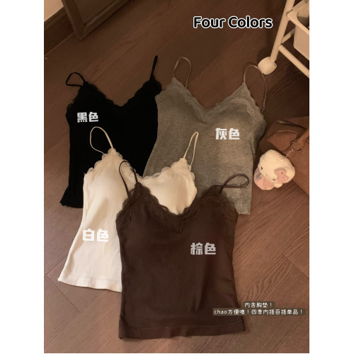 純欲性感小衆蕾絲拼接吊帶背心女夏季灰色辣妹內搭帶胸墊外穿上衣