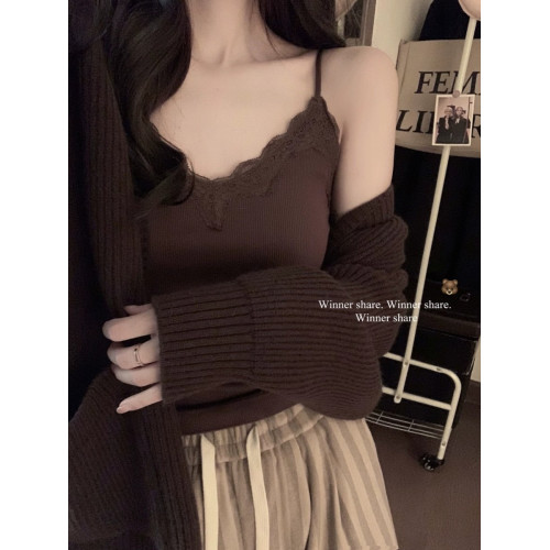 純欲性感小衆蕾絲拼接吊帶背心女夏季灰色辣妹內搭帶胸墊外穿上衣