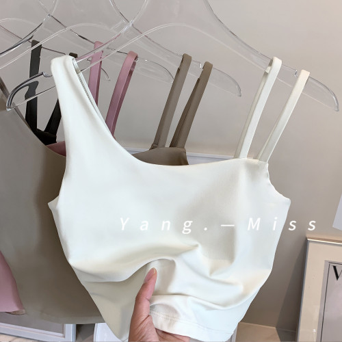 設計感 不對稱肩帶瑜珈背心 軟糯質感健身服 固定胸墊運動文胸女