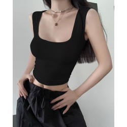 辣妹黑色方領針織吊帶背心女夏季外穿內搭遮副乳運動無袖短款上衣