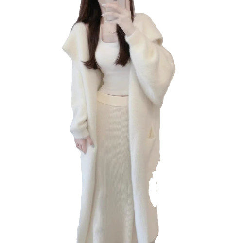 連帽大衣水貂絨毛衣開衫女秋冬慵懶風中長款過膝馬海毛針織衫外套