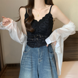 大碼黑色遮副乳蕾絲吊帶背心女夏季胖mm顯瘦內搭自帶胸墊打底上衣