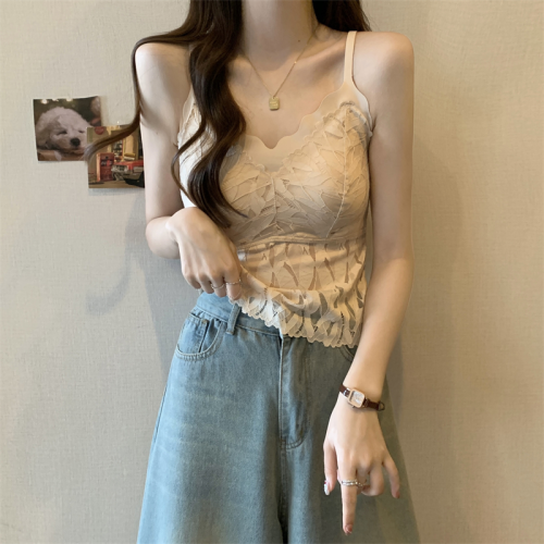 大碼黑色遮副乳蕾絲吊帶背心女夏季胖mm顯瘦內搭自帶胸墊打底上衣