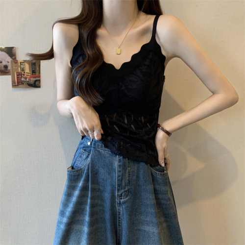大碼黑色遮副乳蕾絲吊帶背心女夏季胖mm顯瘦內搭自帶胸墊打底上衣