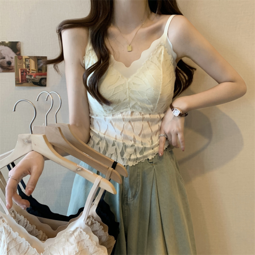 大碼黑色遮副乳蕾絲吊帶背心女夏季胖mm顯瘦內搭自帶胸墊打底上衣