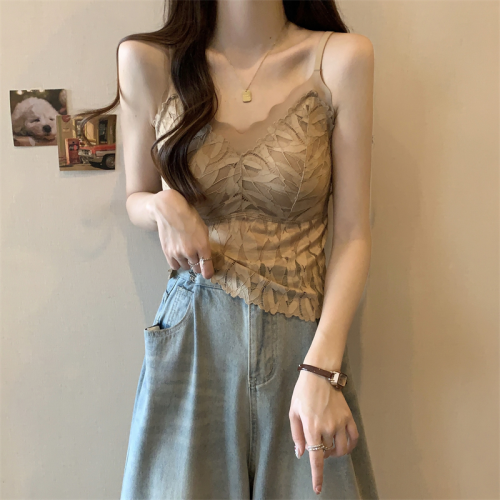 大碼黑色遮副乳蕾絲吊帶背心女夏季胖mm顯瘦內搭自帶胸墊打底上衣