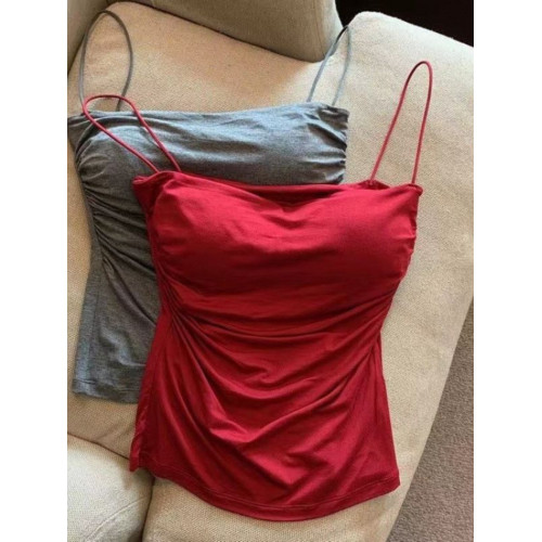 辣妹純欲褶皺吊帶背心女夏季細肩帶內搭甜辣風無袖上衣外穿帶胸墊