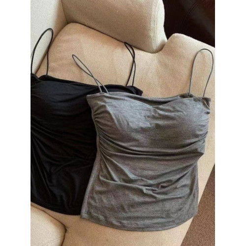 辣妹純欲褶皺吊帶背心女夏季細肩帶內搭甜辣風無袖上衣外穿帶胸墊