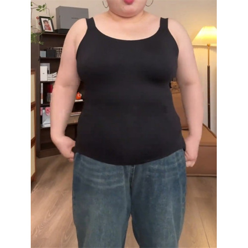 大碼帶胸墊打底吊帶背心女內搭夏季大胸一體免穿文胸黑色美背上衣