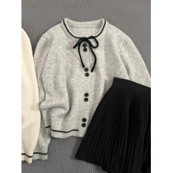 miu系溫柔蝴蝶結針織開衫女韓版簡約百搭圓領毛衣外套軟糯針織衫