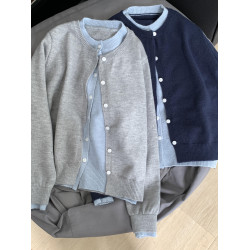 秋季韓系chic軟糯拼接撞色假兩件灰色針織開衫外套女外搭毛衣上衣