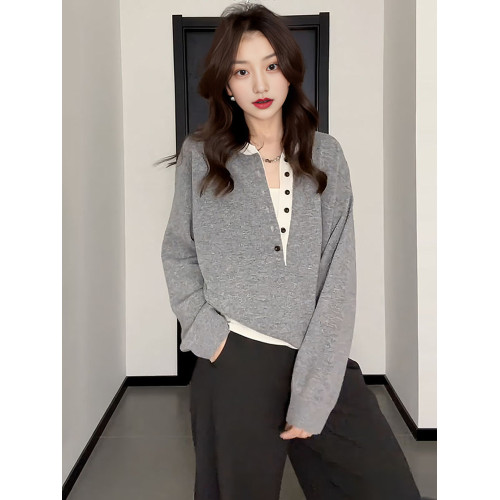 大碼女裝假兩件毛衣針織衫春季新款胖mm寬鬆遮肚顯瘦內搭外穿上衣