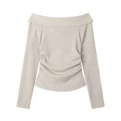 XinmonLee卡其色一字肩繙領針織衫秋季修身顯瘦露肩短款毛衣內搭