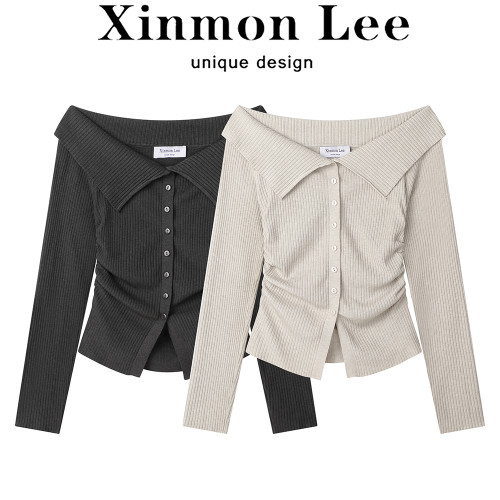 XinmonLee卡其色一字肩翻領針織衫秋季修身顯瘦露肩短款毛衣內搭