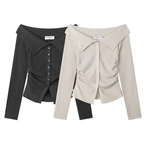 XinmonLee卡其色一字肩翻領針織衫秋季修身顯瘦露肩短款毛衣內搭