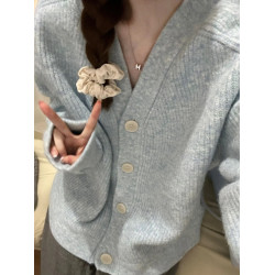 早秋外套女慵懶風外穿毛衣奶藍色開衫秋冬款韓版寬松v領針織上衣