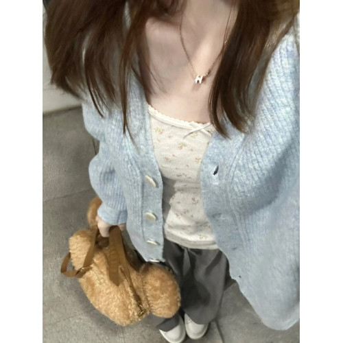 早秋外套女慵懶風外穿毛衣奶藍色開衫秋冬款韓版寬松v領針織上衣