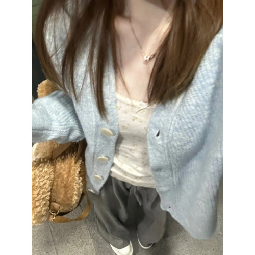 早秋外套女慵懶風外穿毛衣奶藍色開衫秋冬款韓版寬松v領針織上衣