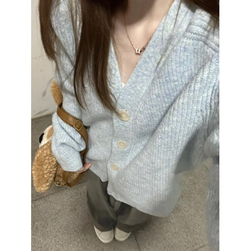 早秋外套女慵懶風外穿毛衣奶藍色開衫秋冬款韓版寬松v領針織上衣